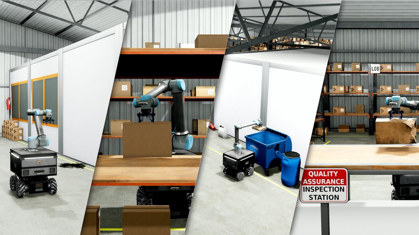 The same warehouse scenario running in three simulators